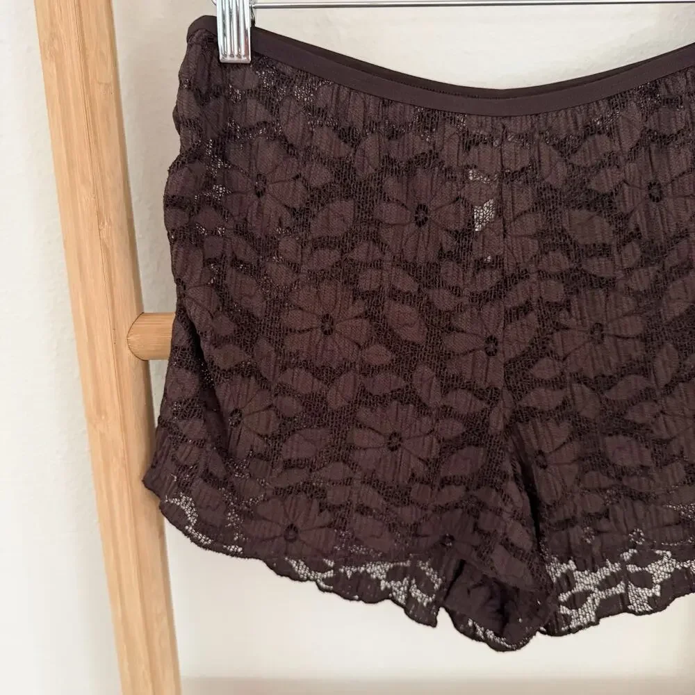 NWT Aerie Offshore Lace Boxer Shorts Deep Earth Brown Floral Lace Medium Pajama